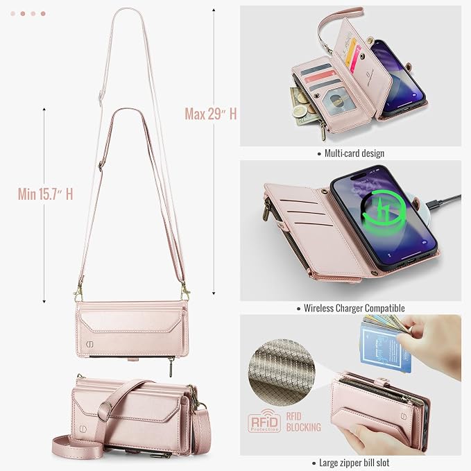 Strapurs Wallet Case Compatible with iPhone 17 Pro 6.3" RFID Blocking 9-Card Holder Soft PU Leather Magnetic Snap Shoulder Strap Zipper Pocket Phone Case Fit for iPhone 17 Pro for Women - Rose Gold