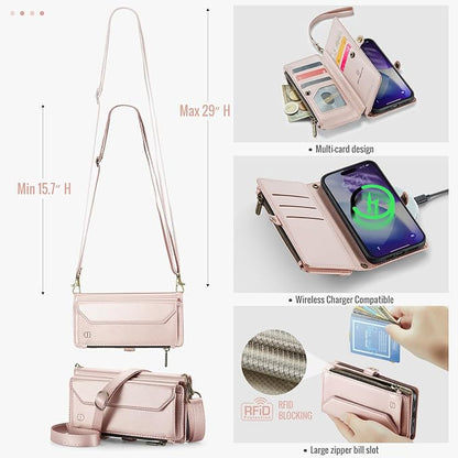 Strapurs Wallet Case Compatible with iPhone 17 Pro 6.3" RFID Blocking 9-Card Holder Soft PU Leather Magnetic Snap Shoulder Strap Zipper Pocket Phone Case Fit for iPhone 17 Pro for Women - Rose Gold