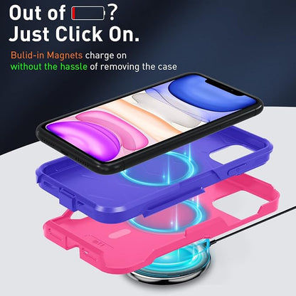 Xmon iPhone 11 Magnetic Case [MIL-Grade Drop Tested & Compatible with MagSafe] Tempered Glass Screen Protector with Camera Lens Protector Phone Case Cover for Apple iPhone 11 (Magnetic Rose)