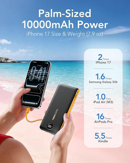 VEEKTOMX Portable Charger with Built in Cables 10000mAh, Power Bank for iPhone with AC Wall Plug, Fast Charging USB C Slim Battery Pack with LED Display Compatible with iPhone 17/16/15, Samsung