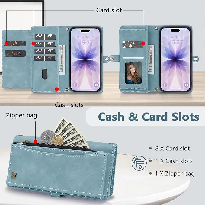 Wallet Case for iPhone 17 with Card Holder/Crossbody Wallet/Strap,[RFID Blocking][Magnetic] PU Leather Phone Case for iPhone 17,6.3 in,Dream Blue