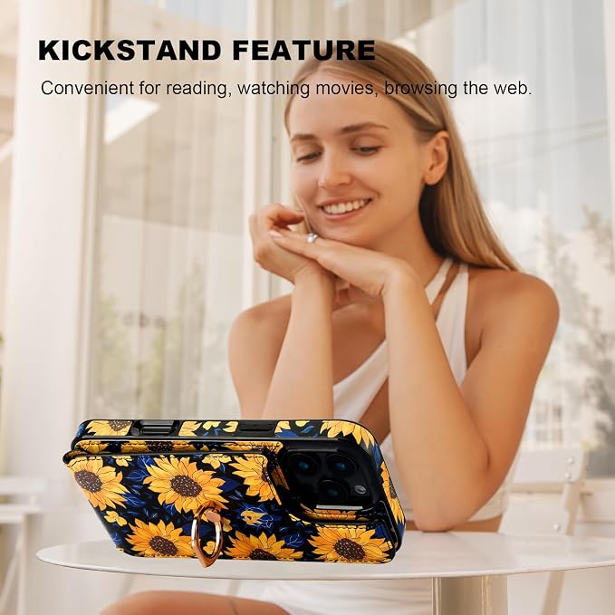 HAOPINSH for iPhone 16 Pro Max Wallet Case with Card Holder, 360°Rotation Ring Kickstand, Blooming Sunflowers Pattern, RFID Blocking Leather for Girls Women, Protective Cover 6.9"