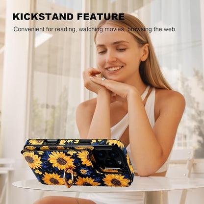 HAOPINSH for iPhone 16 Pro Max Wallet Case with Card Holder, 360°Rotation Ring Kickstand, Blooming Sunflowers Pattern, RFID Blocking Leather for Girls Women, Protective Cover 6.9"