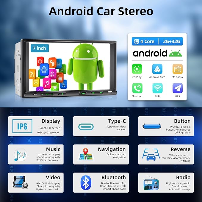 Android Car Stereo Double Din Wireless CarPlay & Android Auto, 7 Inch Touchscreen Car Radio with Split Screen, WiFi, DSP, AHD Backup Camera, Subwoofer, USB/AUX/SWC/FM (2G+32G)