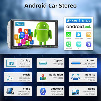 Android Car Stereo Double Din Wireless CarPlay & Android Auto, 7 Inch Touchscreen Car Radio with Split Screen, WiFi, DSP, AHD Backup Camera, Subwoofer, USB/AUX/SWC/FM (2G+32G)
