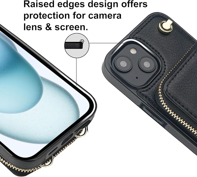 Bocasal for MagSafe Crossbody Wallet Case Compatible with iPhone 15, RFID Blocking Protective Purse Case with Card Slots Holder Kickstand Wrist Strap Lanyard Zipper 6.1 Inch 5G (Black)