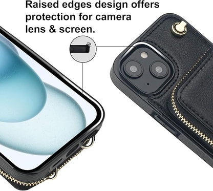 Bocasal for MagSafe Crossbody Wallet Case Compatible with iPhone 15, RFID Blocking Protective Purse Case with Card Slots Holder Kickstand Wrist Strap Lanyard Zipper 6.1 Inch 5G (Black)