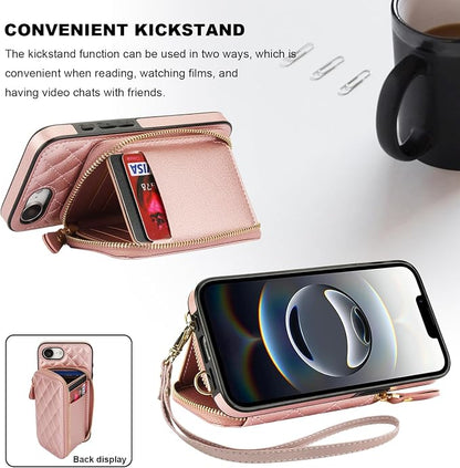 Bocasal Crossbody Wallet Case for iPhone 17e/16e, RFID Blocking PU Leather Zipper Handbag Purse Flip Cover, Kickstand Folio Case with Card Slots Holder Wrist Strap Lanyard 6.1 Inch 5G (Rose Gold)