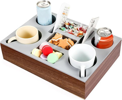 Yerliker Couch Cup Holder Tray, Silicone Lining Couch Caddy Waterproof Anti-spill Sofa Cup Holder for Bed Car Seat Organizer, Hold Mugs, Drinks, Snacks, Phones, Remotes(Rectangle,Grey,Acacia)