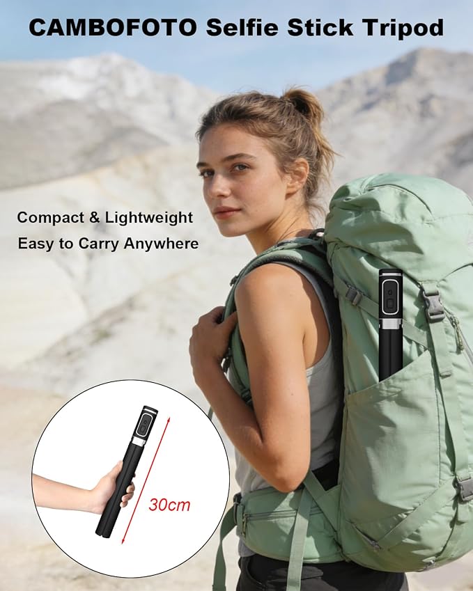 CAMBOFOTO Selfie Stick Tripod,Compact Stand – Stable, 360° Rotating Head, 2-in-1 Design for Selfies & Hands-Free Shots – Ideal for Vloggers, Travelers and Photographers