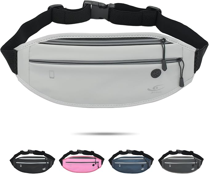 HiRui Slim Fanny Pack for Men Women, Adjustable Exercise Waist Pack Reflective Running Belt for Sports Workout Cycling Hiking, Casual Hands-Free Wallets Phone Bag Fits All Phones (White)