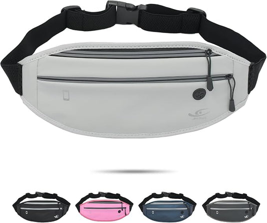 HiRui Slim Fanny Pack for Men Women, Adjustable Exercise Waist Pack Reflective Running Belt for Sports Workout Cycling Hiking, Casual Hands-Free Wallets Phone Bag Fits All Phones (White)