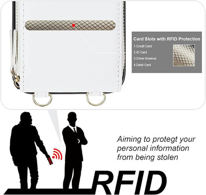 KIHUWEY Crossbody Wallet Case for iPhone 13 iPhone 14, Zipper Pocket Case with Card Holder, PU Leather RFID Blocking Protective Cover Case with Kickstand Detachable Wrist Strap Lanyard 6.1" (White)
