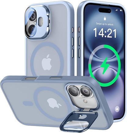 [Upgraded] for iPhone 16 Case with Camera Cover Stand [Fit for MagSafe][9H Camera Lens Protector] Mil-Grade Protection Translucent Matte Silicone Magnetic iPhone 16 Phone Case, Light Blue