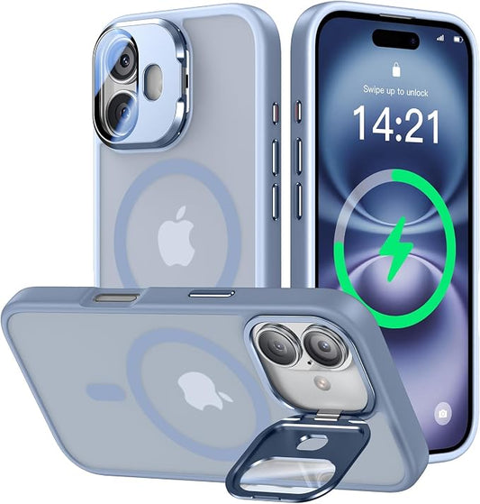 [Upgraded] for iPhone 16 Case with Camera Cover Stand [Fit for MagSafe][9H Camera Lens Protector] Mil-Grade Protection Translucent Matte Silicone Magnetic iPhone 16 Phone Case, Light Blue