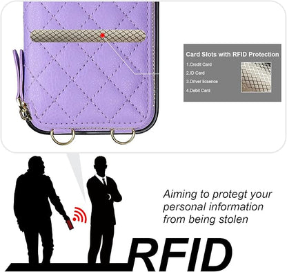 Bocasal Crossbody Wallet Case for iPhone 13, RFID Blocking PU Leather Zipper Handbag Purse Flip Cover, Kickstand Folio Case with Card Slots Holder Wrist Strap Lanyard 5G 6.1 Inch (Purple)
