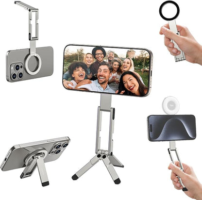 ULANZI MA60 Magnetic Phone Tripod Stand for iPhone - Aluminium Smartphone Mini Tripod Pocket Cell Phone Stand Strong Magnet Quick Mount Compatible with iPhone 16 15 14 13 12 Series, Silver