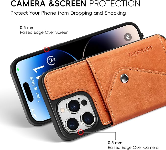 LUCKYCOIN for iPhone 14 Pro Max Crossbody Wallet Case – Genuine Leather Phone Purse with Adjustable Strap and Card Holder,Lanyard Phone Purse Case for Women,Vintage Brown