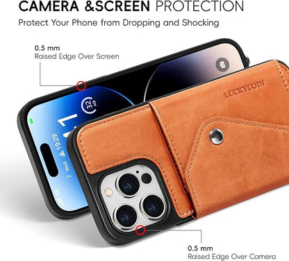 LUCKYCOIN for iPhone 14 Pro Max Crossbody Wallet Case – Genuine Leather Phone Purse with Adjustable Strap and Card Holder,Lanyard Phone Purse Case for Women,Vintage Brown