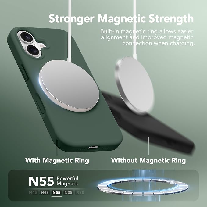 GONEZ Magnetic for iPhone 16 Case, Compatible with MagSafe, [Screen Protector + Camera Lens Protector], Liquid Silicone Shockproof Protective Phone Case for iPhone 16 6.1", Dark Green