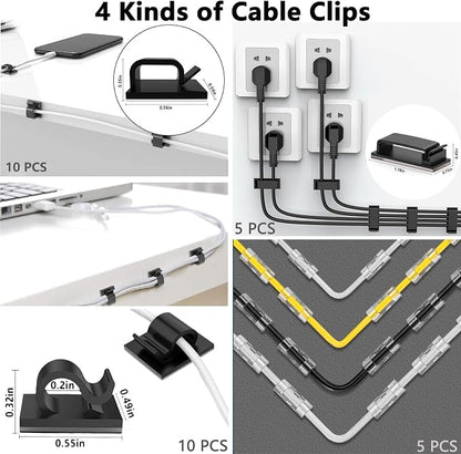 ELII 302PCS Cable Management Kit 4 Cable Sleeve,45Cable Clips | 11Cable Holders,22 Roll Cable Organizer Straps,200 Fastening Cable Ties,20 Cable Zip Tie Mounts, Computer, Under Desk
