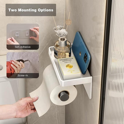 VOLDRA Toilet Paper Holder with Phone Shelf, Self-Adhesive or Screw Toilet Tissue Roll Holder Wall Mount, Rustproof & Multifunctional Bathroom Toilet Paper Holder Storage Dispenser(White)