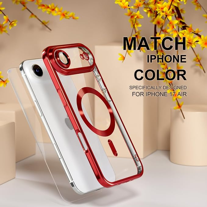 Misea Magnetic for iPhone 17 Air Case Compatible with MagSafe [Never Yellowing] [Military Grade Drop Protection] Full Camera Lens Protector Plating Soft Clear Phone Case for Women, Red