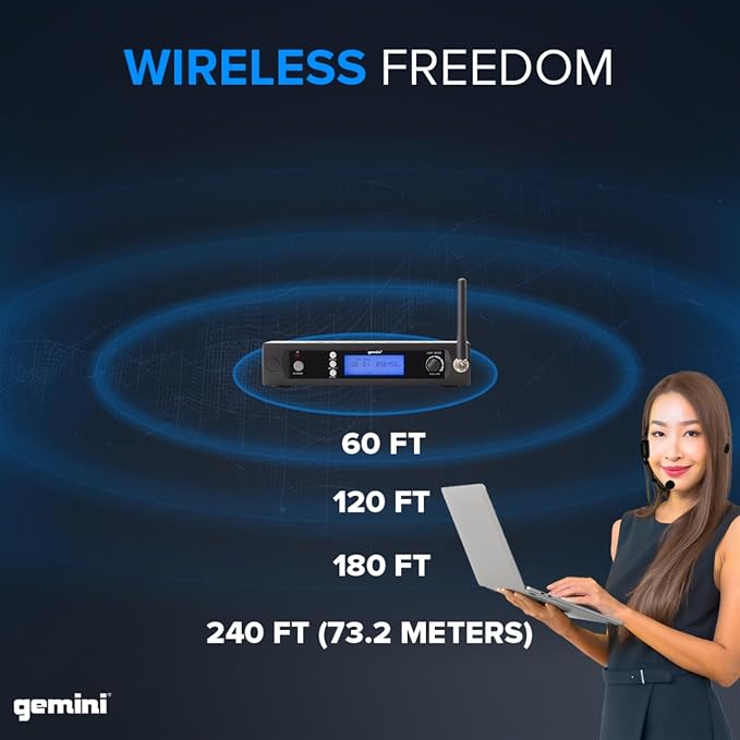 Gemini Sound UHF-6100HL Wireless Mic System – UHF Receiver with 256 Selectable Frequencies, Headset & Lavalier Mic, 240ft Range, LCD Display, Noise-Free Audio for Performers & Instructors