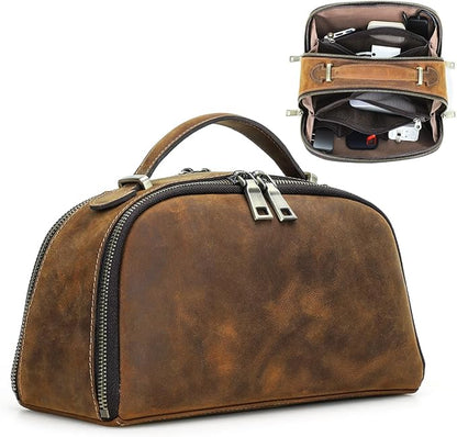 CONTACTS Full Grain Leather Tech Organizer Travel Case for Electronics Accessories Portable Cable Organizer Pouch with Handle, Storage Bag for Charger, Cables, Power Bank, Mouse
