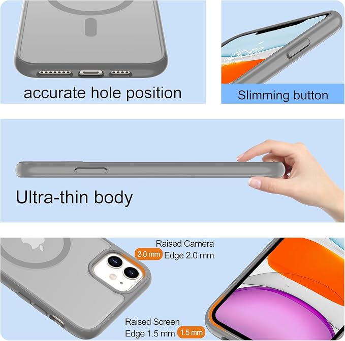 Pilaru for iPhone 11 Case & iPhone XR Case [Compatible with Magsafe] Translucent Matte Magnetic Case with Screen Protector,SlimThin Shockproof Protective Cover for iPhone 11 & iPhone XR-Gray