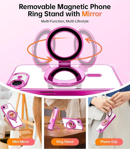 Meifgino Magnetic Case with Removable Phone Ring Stand for iPhone 16E 6.1’’, [Glitter Card & Wrist Strap] [MagSafe Compatible] [Built in Mirror] Phone Ring Stand + Phone Case Kit, Hot Pink
