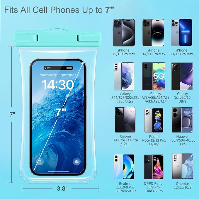 Waterproof Phone Pouch 2 Pack, IPX8 Waterproof Phone Case for iPhone Galaxy Pixel Up to 7 Inch, Cell Phone Dry Bag Beach Vacation