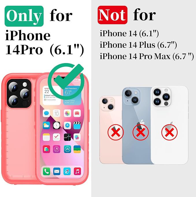 Cozycase Compatible with iPhone 14 Pro Waterproof Case - Full Body Shockproof Dustproof Dropproof Built in Screen Protector Rugged Waterproof Case for iPhone 14 Pro 6.1 Inch Pink