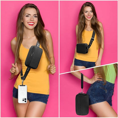 YFWE Clip and Go Strap for Phone with Wallet Crossbody, Adjustable Phone Lanyard with Detachable RFID Wristlet Wallet, Black (L)