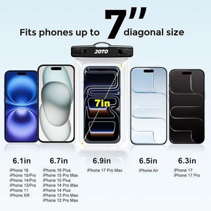 JOTO 2 Pack Universal Waterproof Phone Case for iPhone 17 Air 16 15 14 13 12 11 Plus Pro Max, IPX8 Cellphone Dry Bag XR X SE, Galaxy S23 S22 S21 S20+ S20 S10 Plus Note, Pixel up to 7" -Clear
