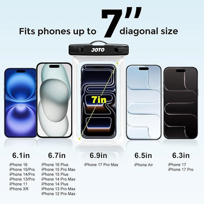 JOTO 2 Pack Waterproof Phone Pouch Case Up to 7", IPX8 Underwater Phone Case Cellphone Dry Bag for iPhone 17/Air 16 15 14 13 12 Pro Max Xs Max XR X 8 7 6S Plus SE/Galaxy S24 S23 S22 -Black/Clear