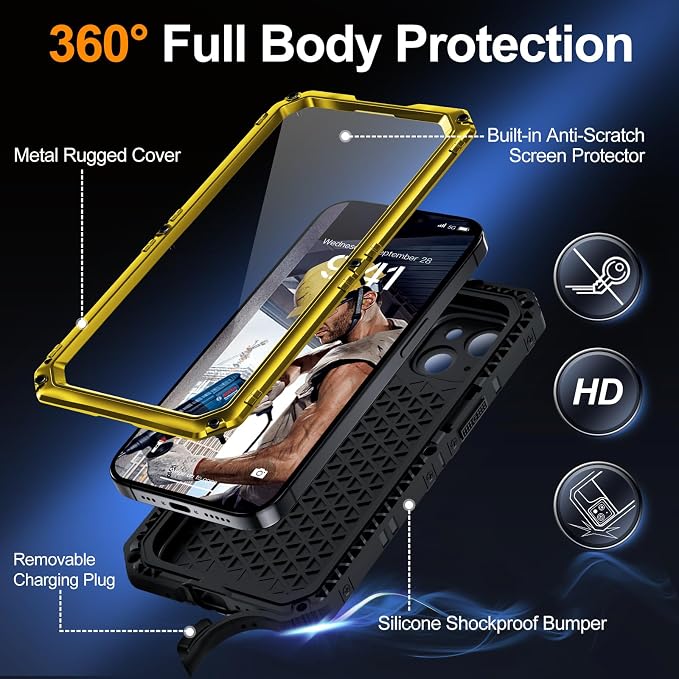 Mitywah Waterproof Case for iPhone 15 Plus, Heavy Duty Shockproof Case with Built-in Screen Protector, Full Body Underwater Protective Metal Case 6.1 inch, Yellow