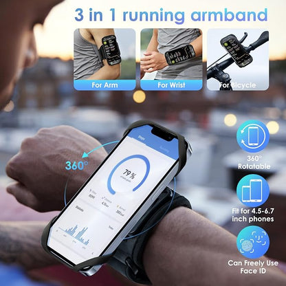 Cikyner Running Armband, 3 in 1 360° Rotatable & Detachable Sports/Bicycle Phone Holder for 4.5-7'' Smartphones, Ideal for Gym, Jogging, Hiking
