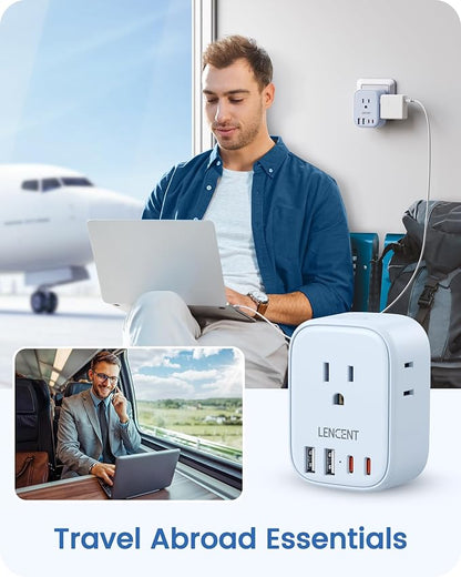 LENCENT European Travel Plug Adapter US to Europe Type-C Foldable Plug | with 4 Outlets 4 USB Ports (2 USB C), Power Adaptor for USA to EU Euro Iceland Spain Italy France Germany Greece, Blue
