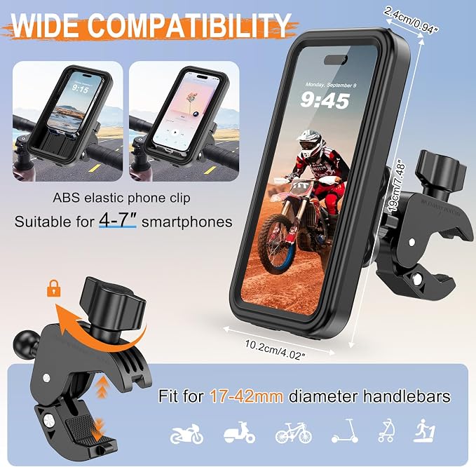 HUANLANG Motorcycle Phone Mount Anti Vibration, Waterproof Bike Phone Mount for Bicycles, Scooters, ATVs,[Dual Vibration Dampener][Upgraded Handlebar Clip] Motorcycle Phone Holder for 4-7" Cell Phones