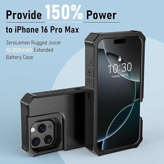ZEROLEMON Battery Case for iPhone 16 Pro Max, 10000mAh Capacity, 18W Fast Charging Power with Full Edge Protection Extended RuggedJuicer Battery Charger Case for iPhone 16 Pro Max - Black
