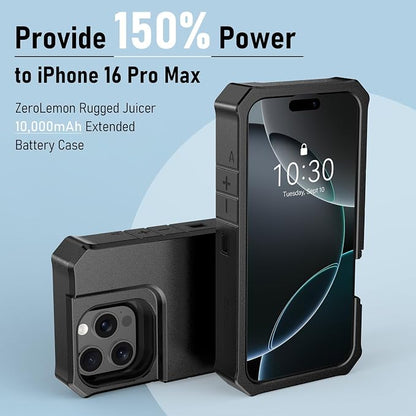 ZEROLEMON Battery Case for iPhone 16 Pro Max, 10000mAh Capacity, 18W Fast Charging Power with Full Edge Protection Extended RuggedJuicer Battery Charger Case for iPhone 16 Pro Max - Black