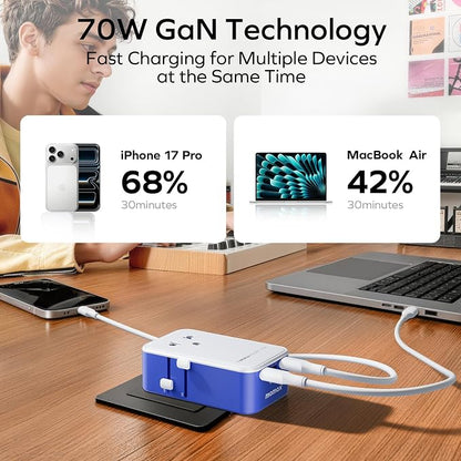 (2026 NEW) MOMAX Universal Travel Adapter, Ultra-Thin 70W GaN International Plug Adapter with 3 USB-C, 1 USB-A and AC Outlet, Works in 200+ Countries, Not a Voltage Converter, for International Travel
