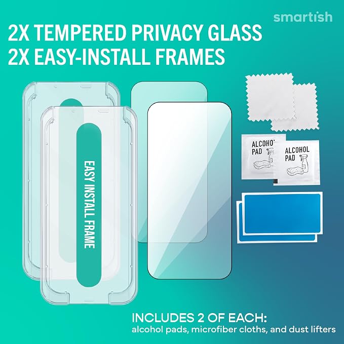 Smartish® iPhone 17 Privacy Screen Protector - Tuff Sheet - 2-Pack Tempered Glass Screen Protectors - [Scratch Resistant] 9H Anti Spy with Easy Install Frame - for Apple iPhone 17