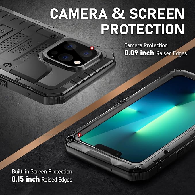 Beasyjoy Waterproof Case for iPhone 13 Pro, Metal Case with Built-in Screen Protector, Defender Full Body Protective Military Grade Heavy Duty Rugged Shockproof Phone Case 6.1 Inch, Black