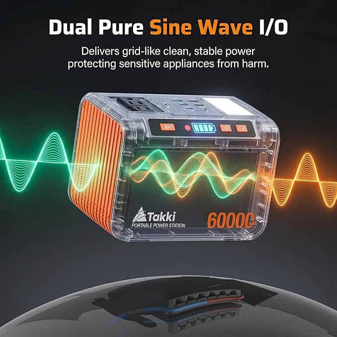 Takki 250W Portable Power Station 222Wh Camping Backup Lithium Battery with Pure Sine Wave AC Outlet 110V Solar Generator for Camping CPAP Home Use Backup Emergency Laptop