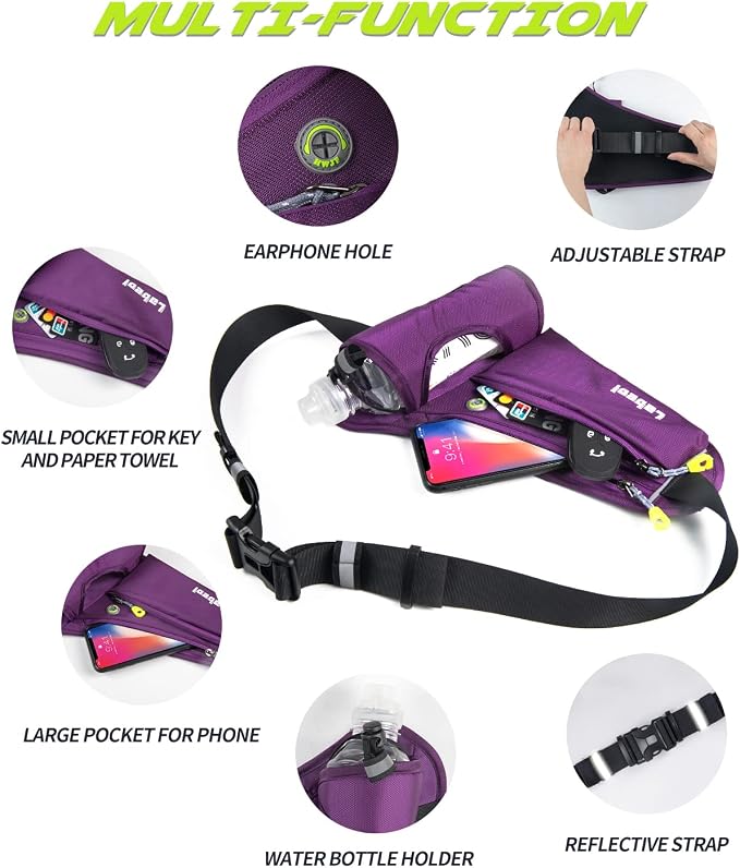 Running Belt, Waterproof Hydration Belt with Water Bottle Holder Hiking Walking Waist Pack Reflective Adjustable Fanny Pack Compatible for Phone Waistband Outdoor