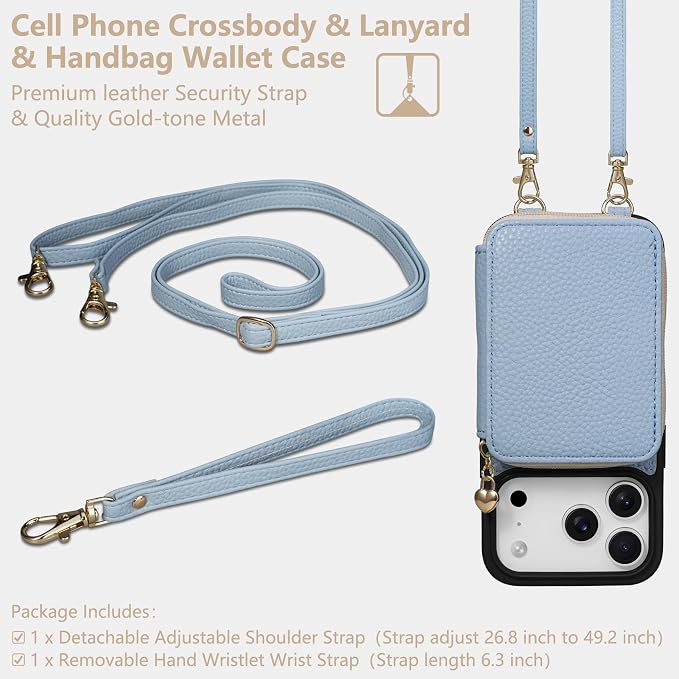Keallce Case for iPhone 17 Pro 6.3'' Case Wallet, Crossbody Zipper Purse with RFID Blocking Card Slots Kickstand, Lanyard & Handstrap Flip Folio Leather Phone Cover for iPhone 17 Pro, Blue