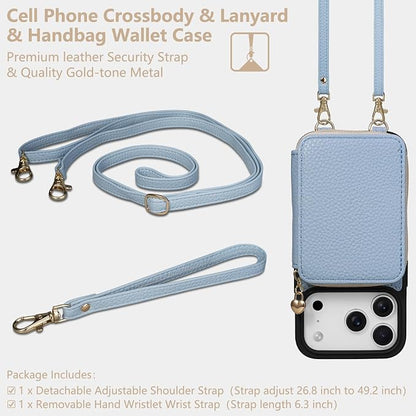 Keallce Case for iPhone 17 Pro 6.3'' Case Wallet, Crossbody Zipper Purse with RFID Blocking Card Slots Kickstand, Lanyard & Handstrap Flip Folio Leather Phone Cover for iPhone 17 Pro, Blue
