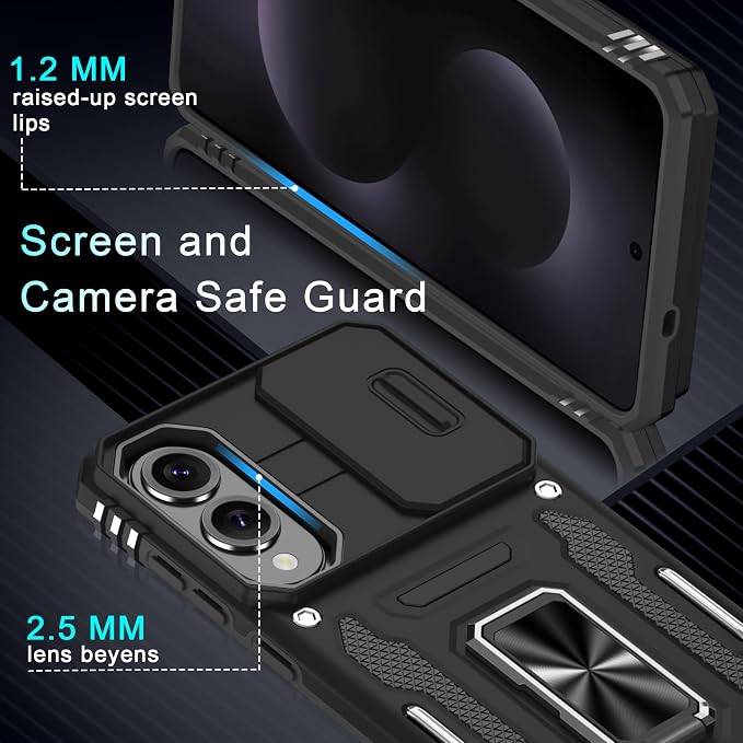 DEERLAMN Case for Samsung Galaxy S25 Edge with Slide Camera Cover+Screen Protector (1 Pack), Rotated Ring Kickstand Military Grade Shockproof Protective Cover-Black